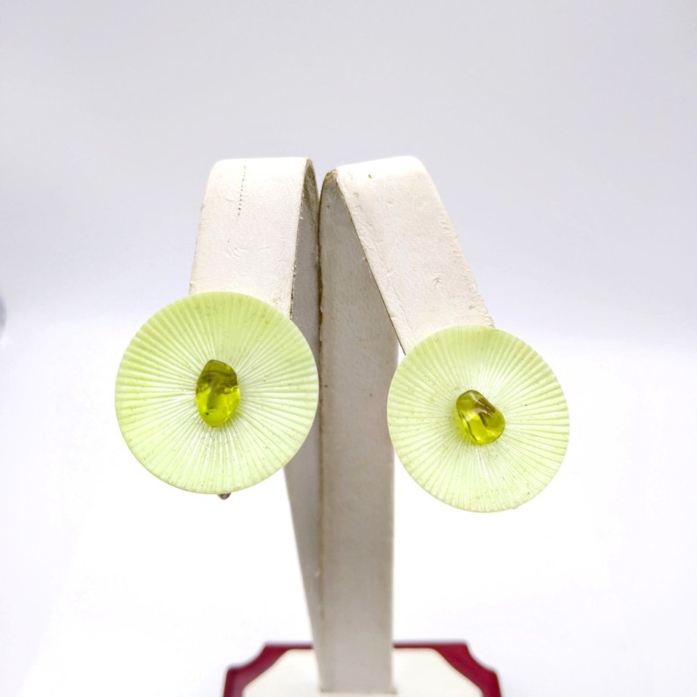 Vintage Pale Green Chip Earrings, Pastel Celluloid Dome on Screw Backs